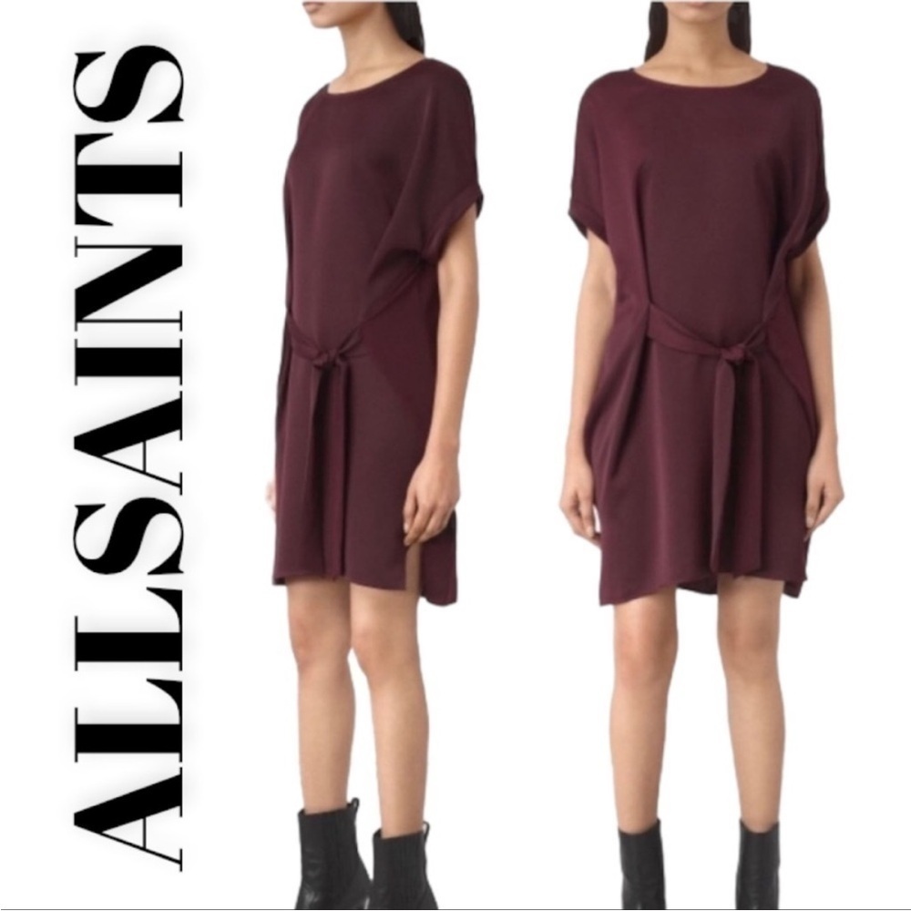 AllSaints Sonny Tie Front Crimson Wine Burgundy Shirt Mini Dress UK 4 US 0